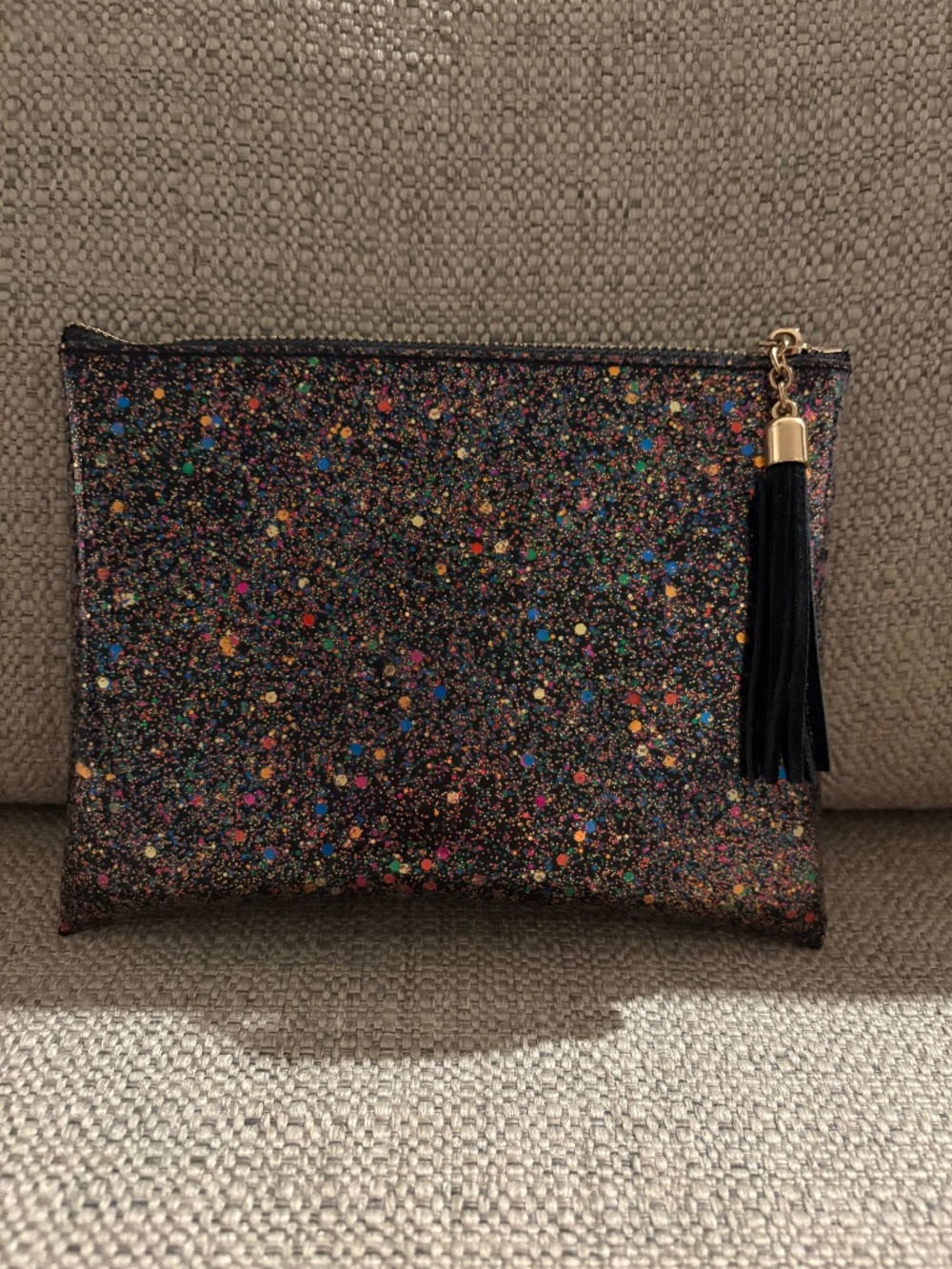 Black Multicolor Dot Glitter Zippered Cosmetic Case Bag Tassel